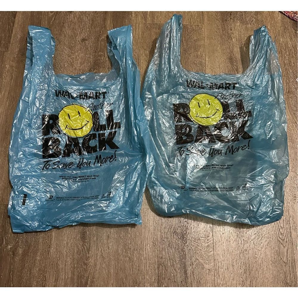 Vintage Walmart Blue over Sized Plastic Bags  Roll Back Smiley Face 2001 RARE